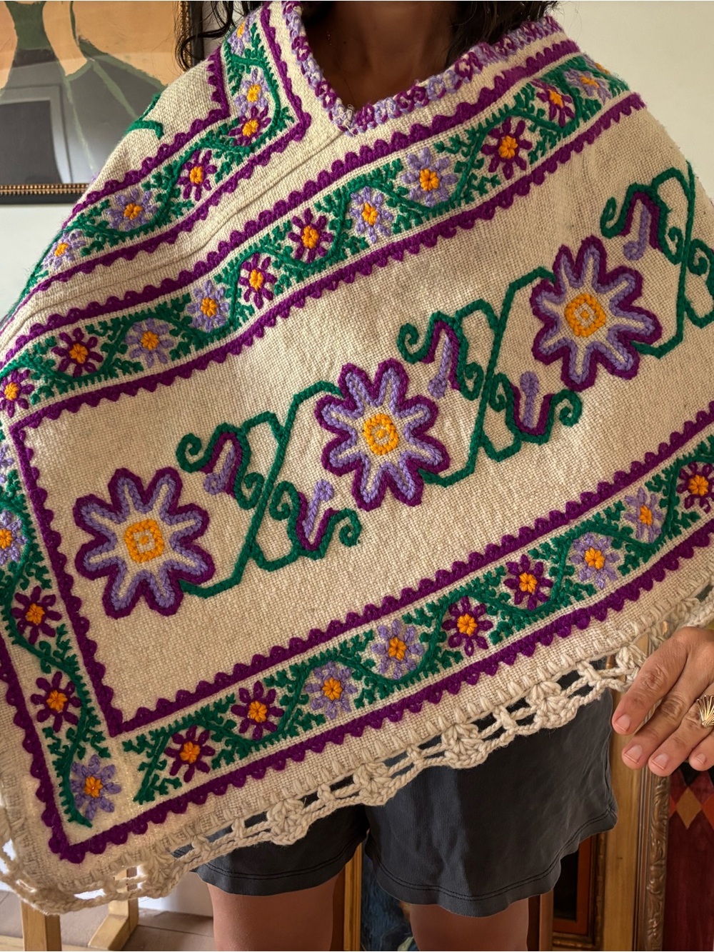 Artisanal Wool Floral Poncho